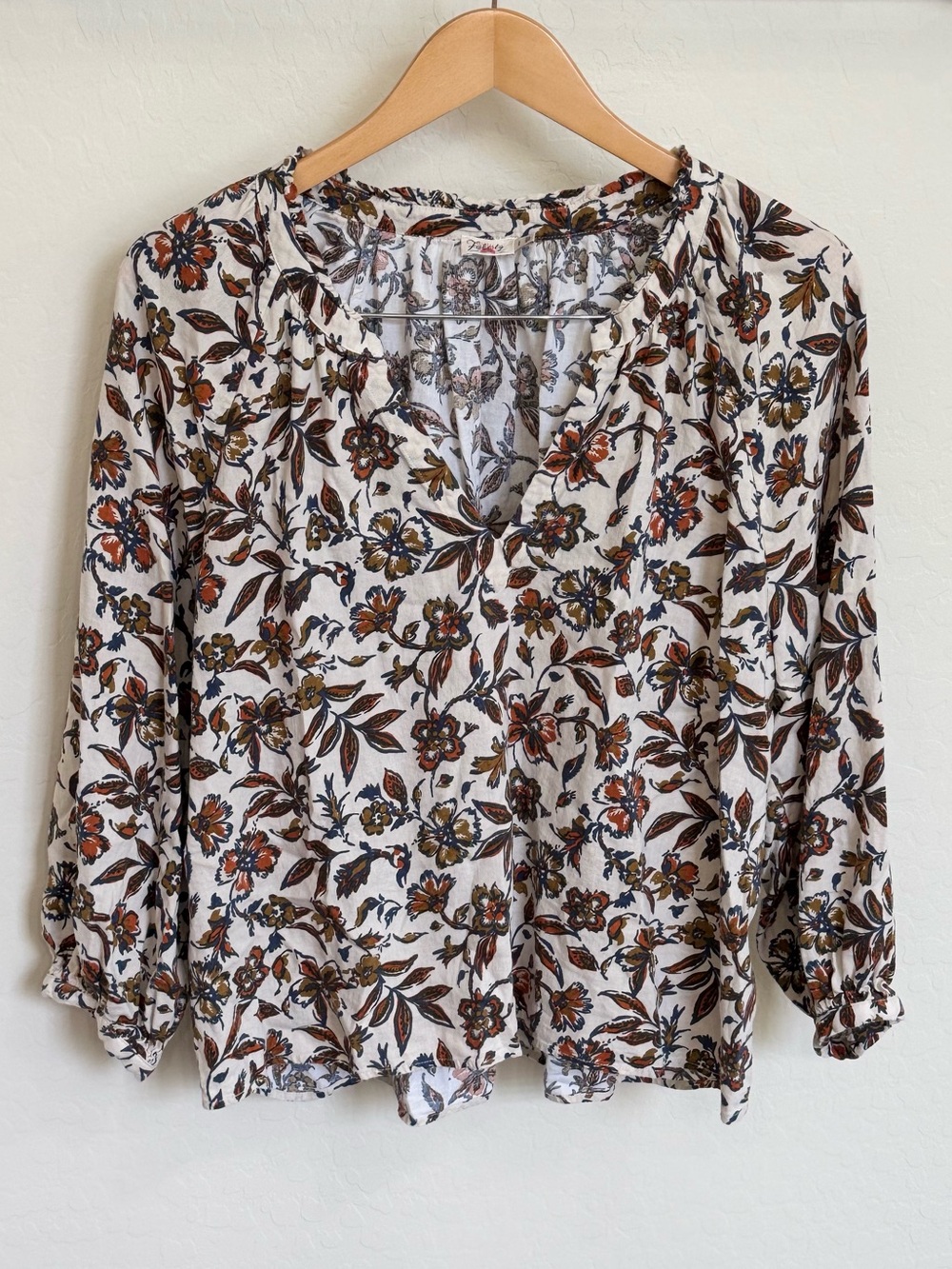 Faherty Portia Top Floral Linen Blend Ruffle Trim Peasant Blouse Size L